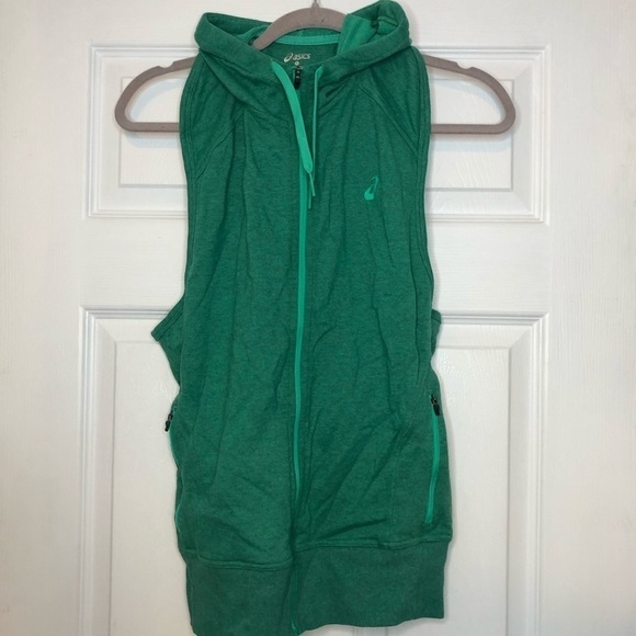 ASICS Motiondry Green Cotton Blend Zip Up Hooded Run Vest Large - Picture 2 of 6